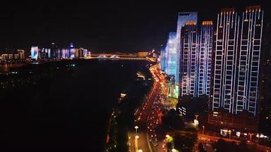4K城市交通_航拍湖南长沙湘江路交通夜景